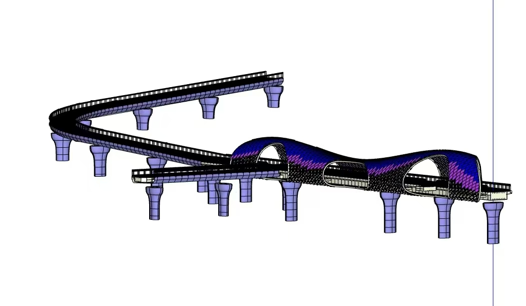 Tekla 3D model of a curved steel bridge structure