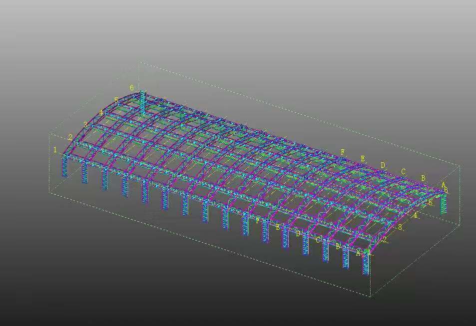 Tekla 3D model of a steel roof frame