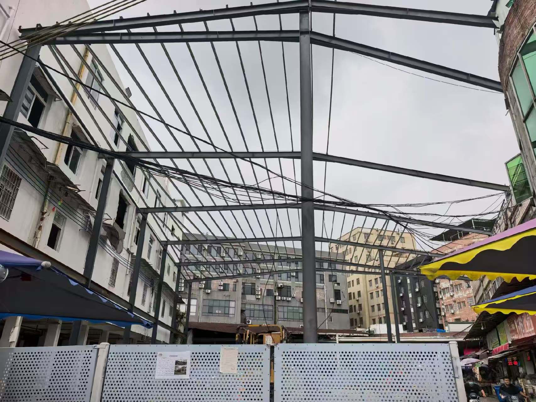 Steel frame installation at a construction site